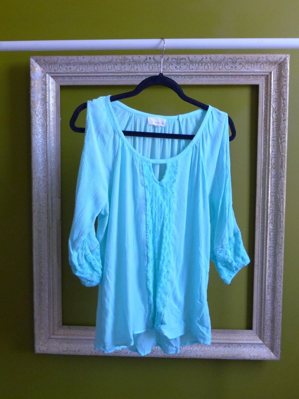 Dept 222, Size M, NWOT, Sheer Seafoam Blouse, 100% Rayon, Cut-Outs, Embroidered